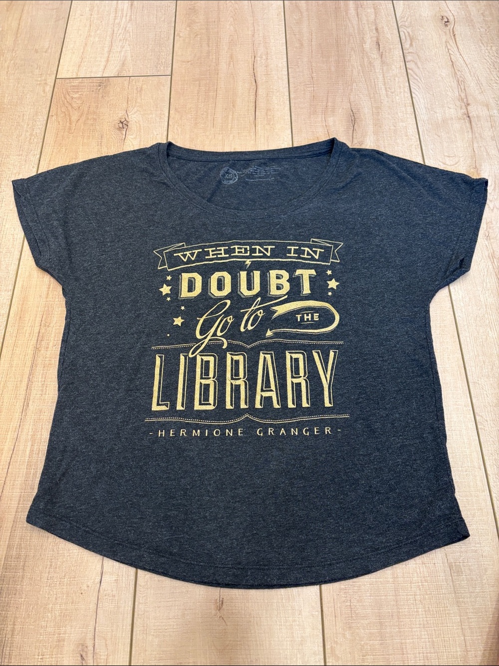Out of Print Dark Heather Gray Graphic Tee with Gold Print